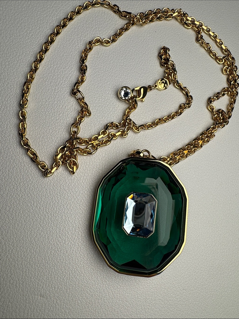 SWAROVSKI Gold Chain Necklace with Emerald Green and Sky Blue Crystal Pendant